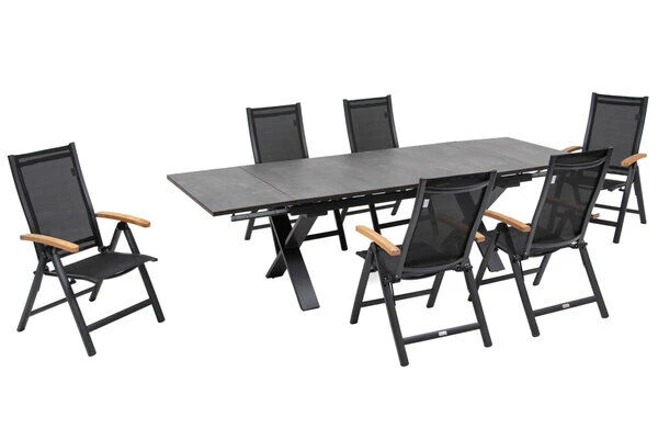 OUTFLEXX Esstischgarnitur, OUTFLEXX® Anthrazit Matt, Alu /HPL / Teak, Tisch 180/280x100cm, 6 Multipositionssessel 2 OUTFLEXX Esstischgarnitur, OUTFLEXX® Anthrazit Matt, Alu /HPL / Teak, Tisch 180/280x100cm, 6 Multipositionssessel – Bild 2