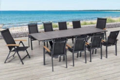 OUTFLEXX Esstischgarnitur, OUTFLEXX® Anthrazit Matt, Alu /HPL / Teak, Tisch 180/280x100cm, 8 Stapelsessel, 2 Multipo