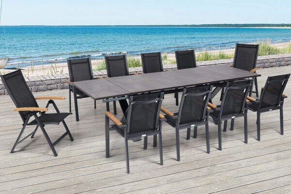 OUTFLEXX Esstischgarnitur, OUTFLEXX® Anthrazit Matt, Alu /HPL / Teak, Tisch 180/280x100cm, 8 Stapelsessel, 2 Multipo 1 OUTFLEXX Esstischgarnitur, OUTFLEXX® Anthrazit Matt, Alu /HPL / Teak, Tisch 180/280x100cm, 8 Stapelsessel, 2 Multipo