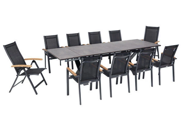 OUTFLEXX Esstischgarnitur, OUTFLEXX® Anthrazit Matt, Alu /HPL / Teak, Tisch 180/280x100cm, 8 Stapelsessel, 2 Multipo 2 OUTFLEXX Esstischgarnitur, OUTFLEXX® Anthrazit Matt, Alu /HPL / Teak, Tisch 180/280x100cm, 8 Stapelsessel, 2 Multipo – Bild 2