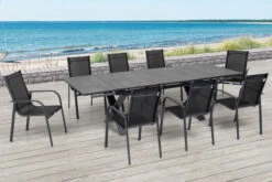 OUTFLEXX Esstischgarnitur, OUTFLEXX® Anthrazit Matt, Alu / HPL / Textil, Tisch 180/280x100cm, 8 Sessel, Stapelbar