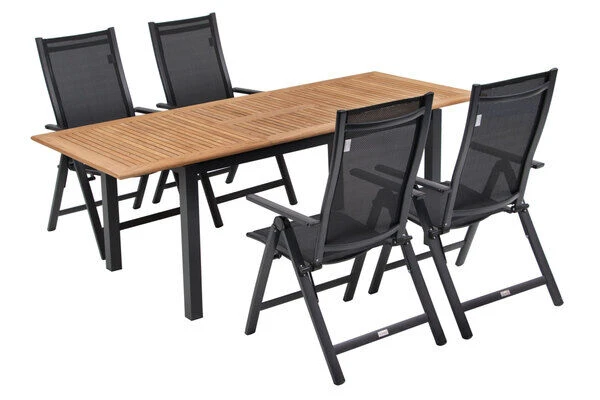 OUTFLEXX Esstischgarnitur, OUTFLEXX® Anthrazit Matt, Alu / Teak / Textil, Ausziehtisch 150/210x90cm, 4 Multipo 2 OUTFLEXX Esstischgarnitur, OUTFLEXX® Anthrazit Matt, Alu / Teak / Textil, Ausziehtisch 150/210x90cm, 4 Multipo – Bild 2