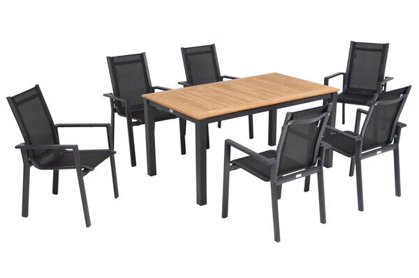 OUTFLEXX Esstischgarnitur, OUTFLEXX® Anthrazit Matt, Alu / Teak / Textil, Ausziehtisch 150/210x90cm, 6 Stapelsessel 18 OUTFLEXX Esstischgarnitur, OUTFLEXX® Anthrazit Matt, Alu / Teak / Textil, Ausziehtisch 150/210x90cm, 6 Stapelsessel – Bild 18