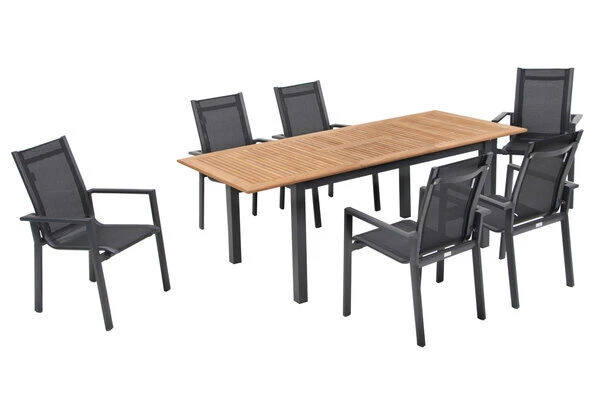 OUTFLEXX Esstischgarnitur, OUTFLEXX® Anthrazit Matt, Alu / Teak / Textil, Ausziehtisch 150/210x90cm, 6 Stapelsessel 2 OUTFLEXX Esstischgarnitur, OUTFLEXX® Anthrazit Matt, Alu / Teak / Textil, Ausziehtisch 150/210x90cm, 6 Stapelsessel – Bild 2