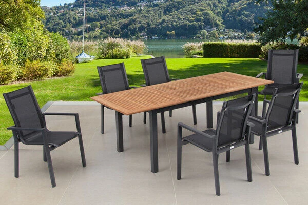 OUTFLEXX Esstischgarnitur, OUTFLEXX® Anthrazit Matt, Alu / Teak / Textil, Ausziehtisch 150/210x90cm, 6 Stapelsessel 6 OUTFLEXX Esstischgarnitur, OUTFLEXX® Anthrazit Matt, Alu / Teak / Textil, Ausziehtisch 150/210x90cm, 6 Stapelsessel – Bild 6