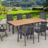OUTFLEXX Esstischgarnitur, OUTFLEXX® Anthrazit Matt, Alu / Teak / Textil, Ausziehtisch 150/210x90cm, 6 Stapelsessel, 2 Multipo