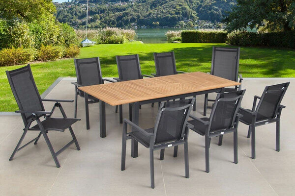OUTFLEXX Esstischgarnitur, OUTFLEXX® Anthrazit Matt, Alu / Teak / Textil, Ausziehtisch 150/210x90cm, 6 Stapelsessel, 2 Multipo 1 OUTFLEXX Esstischgarnitur, OUTFLEXX® Anthrazit Matt, Alu / Teak / Textil, Ausziehtisch 150/210x90cm, 6 Stapelsessel, 2 Multipo