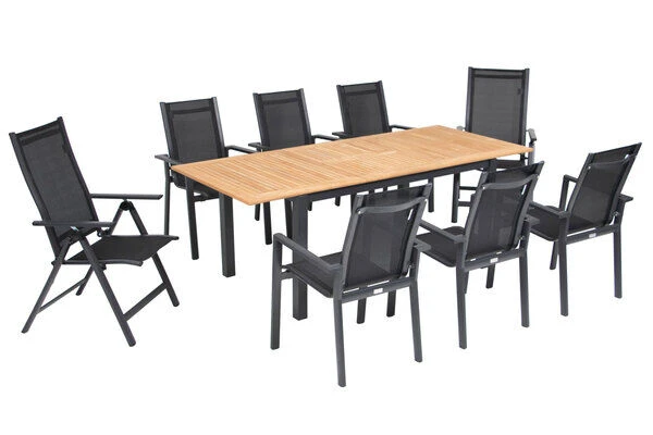 OUTFLEXX Esstischgarnitur, OUTFLEXX® Anthrazit Matt, Alu / Teak / Textil, Ausziehtisch 150/210x90cm, 6 Stapelsessel, 2 Multipo 2 OUTFLEXX Esstischgarnitur, OUTFLEXX® Anthrazit Matt, Alu / Teak / Textil, Ausziehtisch 150/210x90cm, 6 Stapelsessel, 2 Multipo – Bild 2