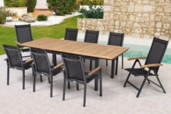 OUTFLEXX Esstischgarnitur, OUTFLEXX® Anthrazit Matt, Alu / Teak / Textil, Tisch 180/240x100cm, 6 Stapelsessel, 2 Multipo