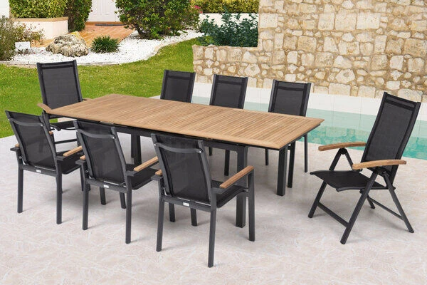 OUTFLEXX Esstischgarnitur, OUTFLEXX® Anthrazit Matt, Alu / Teak / Textil, Tisch 180/240x100cm, 6 Stapelsessel, 2 Multipo 1 OUTFLEXX Esstischgarnitur, OUTFLEXX® Anthrazit Matt, Alu / Teak / Textil, Tisch 180/240x100cm, 6 Stapelsessel, 2 Multipo