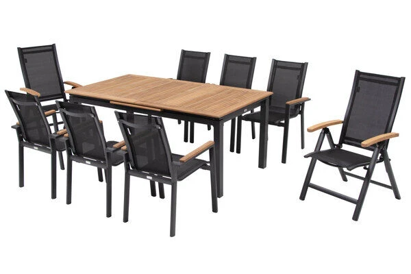 OUTFLEXX Esstischgarnitur, OUTFLEXX® Anthrazit Matt, Alu / Teak / Textil, Tisch 180/240x100cm, 6 Stapelsessel, 2 Multipo 2 OUTFLEXX Esstischgarnitur, OUTFLEXX® Anthrazit Matt, Alu / Teak / Textil, Tisch 180/240x100cm, 6 Stapelsessel, 2 Multipo – Bild 2