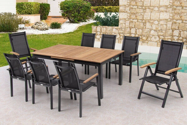 OUTFLEXX Esstischgarnitur, OUTFLEXX® Anthrazit Matt, Alu / Teak / Textil, Tisch 180/240x100cm, 6 Stapelsessel, 2 Multipo 7 OUTFLEXX Esstischgarnitur, OUTFLEXX® Anthrazit Matt, Alu / Teak / Textil, Tisch 180/240x100cm, 6 Stapelsessel, 2 Multipo – Bild 7