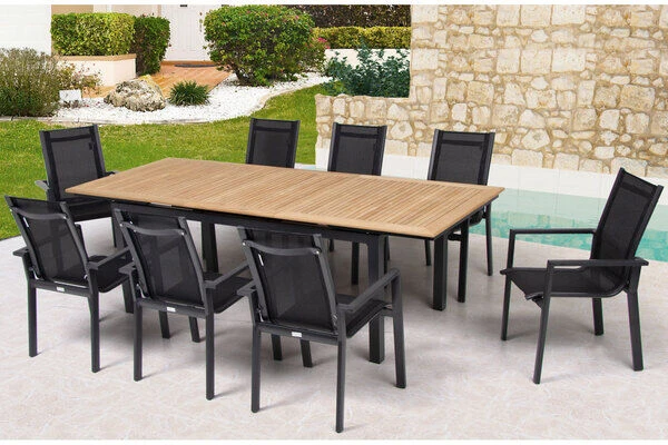 OUTFLEXX Esstischgarnitur, OUTFLEXX® Anthrazit Matt, Alu / Teak / Textil, Ausziehtisch 180/240x100cm, 8 Stapelsessel 1 OUTFLEXX Esstischgarnitur, OUTFLEXX® Anthrazit Matt, Alu / Teak / Textil, Ausziehtisch 180/240x100cm, 8 Stapelsessel