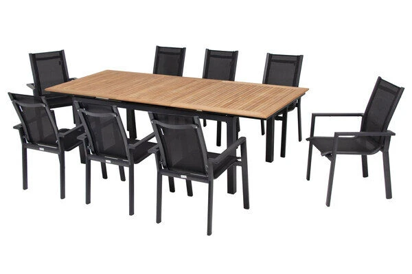 OUTFLEXX Esstischgarnitur, OUTFLEXX® Anthrazit Matt, Alu / Teak / Textil, Ausziehtisch 180/240x100cm, 8 Stapelsessel 16 OUTFLEXX Esstischgarnitur, OUTFLEXX® Anthrazit Matt, Alu / Teak / Textil, Ausziehtisch 180/240x100cm, 8 Stapelsessel – Bild 16