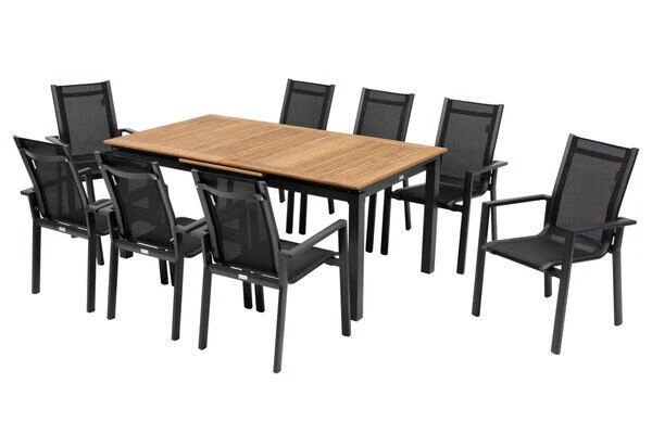 OUTFLEXX Esstischgarnitur, OUTFLEXX® Anthrazit Matt, Alu / Teak / Textil, Ausziehtisch 180/240x100cm, 8 Stapelsessel 2 OUTFLEXX Esstischgarnitur, OUTFLEXX® Anthrazit Matt, Alu / Teak / Textil, Ausziehtisch 180/240x100cm, 8 Stapelsessel – Bild 2