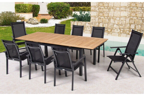 OUTFLEXX Esstischgarnitur, OUTFLEXX® Anthrazit Matt, Alu / Teak / Textil, Ausziehtisch 180/240x100cm, 6 Stapelsessel, 2 Multipo 1 OUTFLEXX Esstischgarnitur, OUTFLEXX® Anthrazit Matt, Alu / Teak / Textil, Ausziehtisch 180/240x100cm, 6 Stapelsessel, 2 Multipo