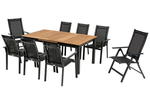 OUTFLEXX Esstischgarnitur, OUTFLEXX® Anthrazit Matt, Alu / Teak / Textil, Ausziehtisch 180/240x100cm, 6 Stapelsessel, 2 Multipo 2 OUTFLEXX Esstischgarnitur, OUTFLEXX® Anthrazit Matt, Alu / Teak / Textil, Ausziehtisch 180/240x100cm, 6 Stapelsessel, 2 Multipo – Bild 2