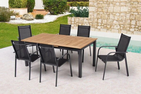 OUTFLEXX Esstischgarnitur, OUTFLEXX® Anthrazit Matt, Alu / Teak / Textil, Tisch 180/240x100cm, 6 Sessel, Stapelbar 1 OUTFLEXX Esstischgarnitur, OUTFLEXX® Anthrazit Matt, Alu / Teak / Textil, Tisch 180/240x100cm, 6 Sessel, Stapelbar