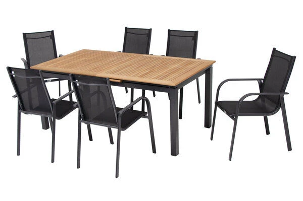 OUTFLEXX Esstischgarnitur, OUTFLEXX® Anthrazit Matt, Alu / Teak / Textil, Tisch 180/240x100cm, 6 Sessel, Stapelbar 16 OUTFLEXX Esstischgarnitur, OUTFLEXX® Anthrazit Matt, Alu / Teak / Textil, Tisch 180/240x100cm, 6 Sessel, Stapelbar – Bild 16