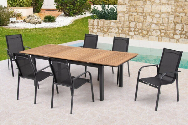 OUTFLEXX Esstischgarnitur, OUTFLEXX® Anthrazit Matt, Alu / Teak / Textil, Tisch 180/240x100cm, 6 Sessel, Stapelbar 6 OUTFLEXX Esstischgarnitur, OUTFLEXX® Anthrazit Matt, Alu / Teak / Textil, Tisch 180/240x100cm, 6 Sessel, Stapelbar – Bild 6
