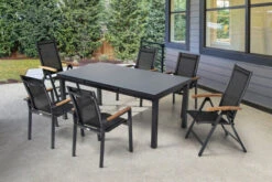 OUTFLEXX Premium Esstischgarnitur, OUTFLEXX® Anthrazit Matt, Alu / Glas / Teak, Tisch 180/240x100cm, 4 Stapelsessel, 2 Multipo