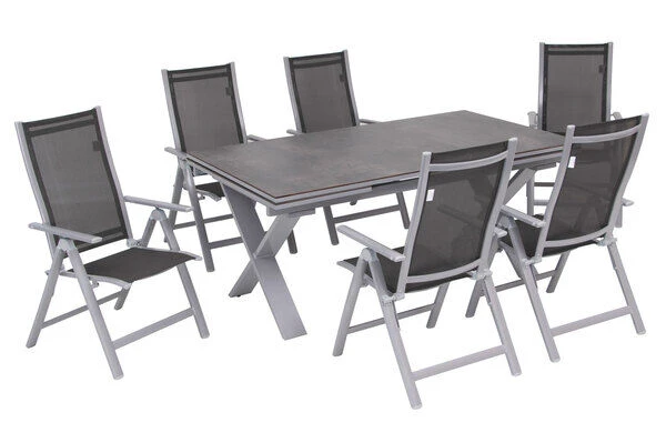 OUTFLEXX Esstischgarnitur, Silber, Alu / HPL / Textil, Tisch 180/280x100cm, 6 Multipositionssessel 18 OUTFLEXX Esstischgarnitur, Silber, Alu / HPL / Textil, Tisch 180/280x100cm, 6 Multipositionssessel – Bild 18