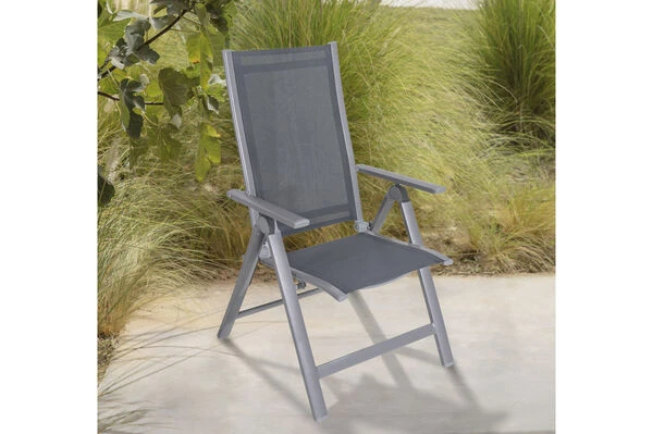 OUTFLEXX Esstischgarnitur, Silber, Alu / HPL / Textil, Tisch 180/280x100cm, 6 Multipositionssessel 3 OUTFLEXX Esstischgarnitur, Silber, Alu / HPL / Textil, Tisch 180/280x100cm, 6 Multipositionssessel – Bild 3