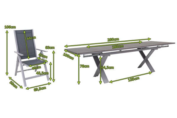 OUTFLEXX Esstischgarnitur, Silber, Alu / HPL / Textil, Tisch 180/280x100cm, 6 Multipositionssessel 5 OUTFLEXX Esstischgarnitur, Silber, Alu / HPL / Textil, Tisch 180/280x100cm, 6 Multipositionssessel – Bild 5