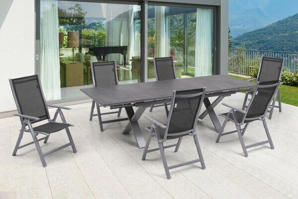 OUTFLEXX Esstischgarnitur, Silber, Alu / HPL / Textil, Tisch 180/280x100cm, 6 Multipositionssessel 6 OUTFLEXX Esstischgarnitur, Silber, Alu / HPL / Textil, Tisch 180/280x100cm, 6 Multipositionssessel – Bild 6