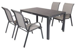 VILLANA Esstischgarnitur, Anthrazit/grau, Alu/Holzimitat/Textil, Tisch 150x90cm, 4 Sessel, Stapelbar