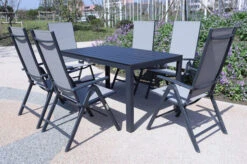 VILLANA Esstischgarnitur, Anthrazit/grau, Alu/Holzimitat/Textil, Tisch 150x90cm, 6 Multipositionssessel