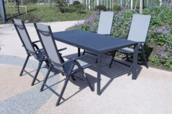 VILLANA Esstischgruppe, Anthrazit/grau, Alu/Textilene, Tisch 130/180x90cm, 4 Multipositionssessel