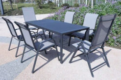 VILLANA Esstischgruppe, Anthrazit/grau, Alu/Textilene, Tisch 130/180x90cm, 4 Stapelsessel, 2 Multipo