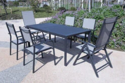 VILLANA Esstischgruppe, Anthrazit/grau, Alu/Textilene, Tisch 130/180x90cm, 2 Multipo, 4 Stapelsessel