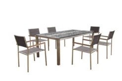 OUTFLEXX Esstischgarnitur, Silber/anthrazit/taupe, Edelstahl/Granit/Textil, 200x100 Cm, 6 Stühle, Padded, Teakarmlehnen