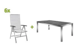 STERN Esstischgarnitur, Silber/grau, Edelstahl/Textilene, Tisch 200 X 100 Cm, 2 Teilige Tischplatte, 6 Multipositionssessel, Padded