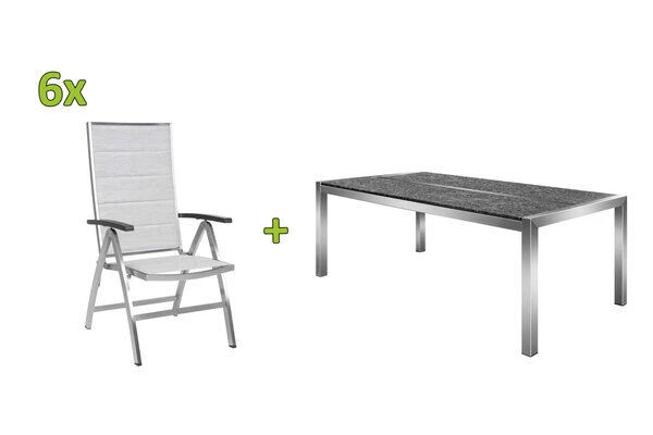 STERN Esstischgarnitur, Silber/grau, Edelstahl/Textilene, Tisch 200 X 100 Cm, 2 Teilige Tischplatte, 6 Multipositionssessel, Padded 1 STERN Esstischgarnitur, Silber/grau, Edelstahl/Textilene, Tisch 200 X 100 Cm, 2 Teilige Tischplatte, 6 Multipositionssessel, Padded