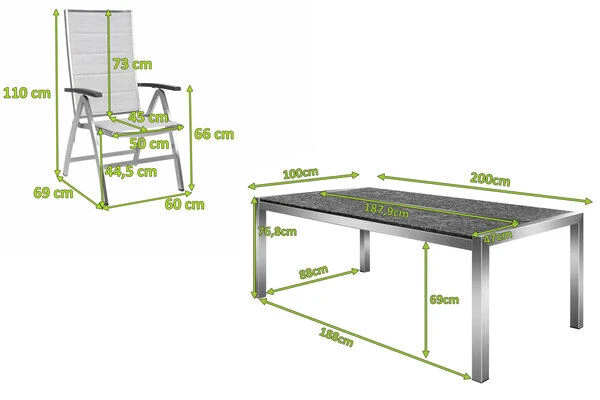 STERN Esstischgarnitur, Silber/grau, Edelstahl/Textilene, Tisch 200 X 100 Cm, 2 Teilige Tischplatte, 6 Multipositionssessel, Padded 2 STERN Esstischgarnitur, Silber/grau, Edelstahl/Textilene, Tisch 200 X 100 Cm, 2 Teilige Tischplatte, 6 Multipositionssessel, Padded – Bild 2