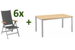 KETTLER GranadaSitzgruppe, Silber/anthrazit, Alu/Teak, Teaktisch 160x95 Cm,6 Multipo, FSC-Teak
