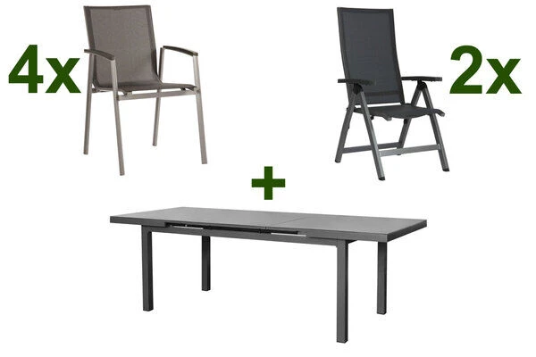STERN New Top Esstischgarnitur, Graphit, Alu / Glas / Textil, Tisch 180/240x100cm, 4 Stapel-, 2 Klappsessel 1 STERN New Top Esstischgarnitur, Graphit, Alu / Glas / Textil, Tisch 180/240x100cm, 4 Stapel-, 2 Klappsessel