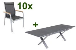 KETTLER Granada Esstischgarnitur, Silber / Anthrazit, Alu / Spraystone / Teak, Tisch 180/280x100cm, 10 Stapelsessel