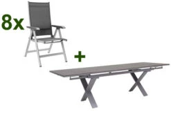 KETTLER BasicPlus Esstischgarnitur, Silber / Anthrazit, Alu / HPL / Textil, Tisch 180/280x100cm, 8 Multipositionssessel