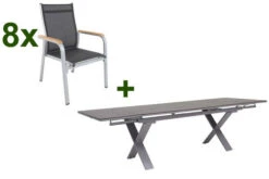 KETTLER Granada Esstischgarnitur, Silber / Anthrazit, Alu / HPL / Teak, Tisch 180/280x100cm, 8 Stapelsessel