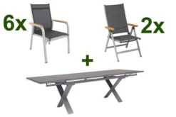 KETTLER Granada Esstischgarnitur, Silber / Anthrazit, Alu / HPL / Teak, Tisch 180/280x100cm, 6 Stapelsessel, 2 Multipo