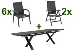 KETTLER BasicPlus Esstischgarnitur, Anthrazit, Alu / Spraystone / Textil, Tisch 180/280x100cm, 6 Stapelsessel, 2 Multipo