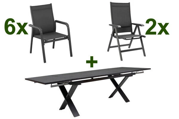 KETTLER BasicPlus Esstischgarnitur, Anthrazit, Alu / Spraystone / Textil, Tisch 180/280x100cm, 6 Stapelsessel, 2 Multipo 1 KETTLER BasicPlus Esstischgarnitur, Anthrazit, Alu / Spraystone / Textil, Tisch 180/280x100cm, 6 Stapelsessel, 2 Multipo