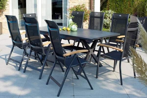 HARTMAN Xanadu / Alice Sitzgruppe, Xerix/natur, Alu/Teak/Glaskeramik, 4x4 Textilen, 8 Multipo, 160/220x100cm, FSC-Teak Armlehnen 1 HARTMAN Xanadu / Alice Sitzgruppe, Xerix/natur, Alu/Teak/Glaskeramik, 4x4 Textilen, 8 Multipo, 160/220x100cm, FSC-Teak Armlehnen