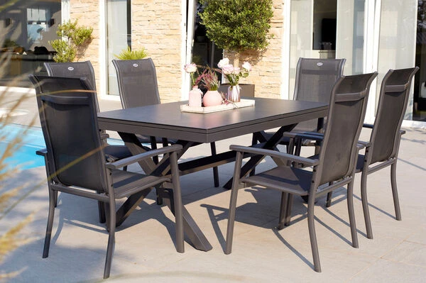 HARTMAN Xanadu / Alice Sitzgruppe, Xerix, Alu/Textilene/Glaskeramik, 6 Stapelsessel, 160/220x100cm 1 HARTMAN Xanadu / Alice Sitzgruppe, Xerix, Alu/Textilene/Glaskeramik, 6 Stapelsessel, 160/220x100cm