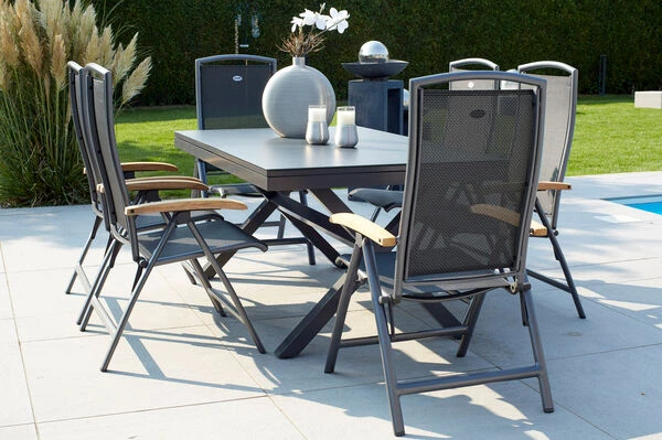 HARTMAN Xanadu / Raffaelo Sitzgruppe, Xerix/natur, Alu/Teak/Glaskeramik, 4 Dining Sessel, 160/220x100cm, FSC-Teak Armlehnen 1 HARTMAN Xanadu / Raffaelo Sitzgruppe, Xerix/natur, Alu/Teak/Glaskeramik, 4 Dining Sessel, 160/220x100cm, FSC-Teak Armlehnen