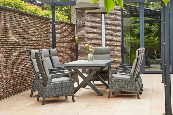 SIENA GARDEN Messina/Solea Dining Set, Anthrazit/blau, Alu/Gardino®-Geflecht/Keramik, 200-260x100 Cm, Inkl. 8 Diningsessel, Stufenlos Verstellbar 1 SIENA GARDEN Messina/Solea Dining Set, Anthrazit/blau, Alu/Gardino®-Geflecht/Keramik, 200-260x100 Cm, Inkl. 8 Diningsessel, Stufenlos Verstellbar